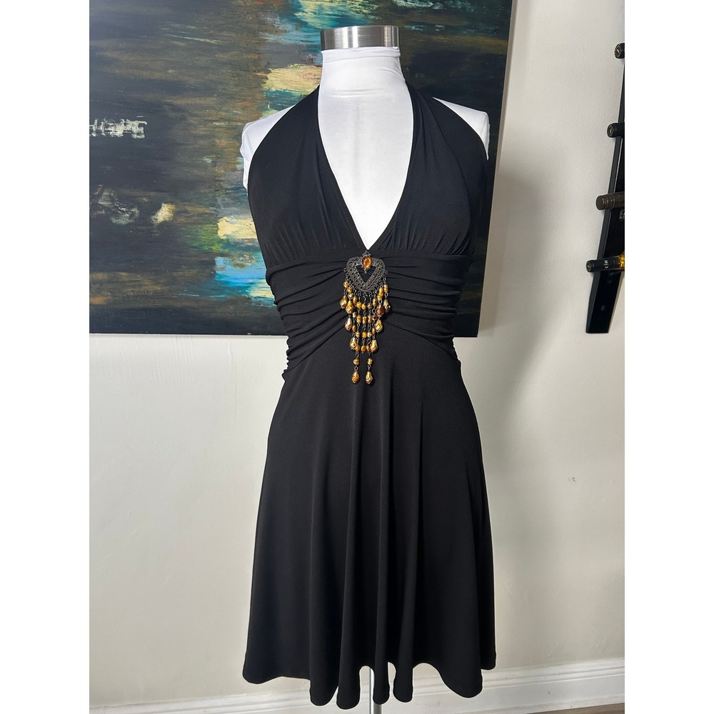 BCBG Paris Halter Dress XS Black Beaded Tassel Stone Brooch y2k boho gem